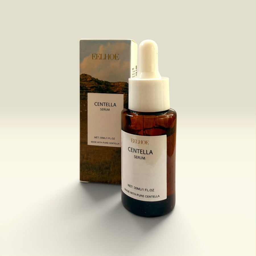 Caja y frasco ámbar con gotero del sérum de centella asiática EELHOE de 30 ml